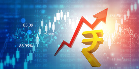 Indina rupee symbol with arrow graph on stock market background. 3d illustration..