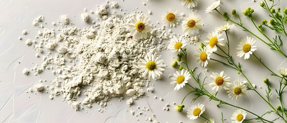 Feverfew Flowers and Powder on White. Concept Floral Photography, Natural Remedies, Monochromatic Styling, Herbal Medicine, Aromatherapy Benefits