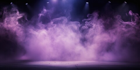 Lavender stage background, lavender spotlight light effects, dark atmosphere, smoke and mist, simple stage background, stage lighting, spotlights