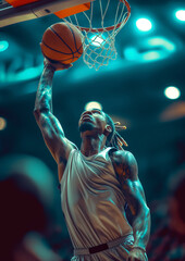 Basketball player soaring for slam dunk in crowded arena. Intense athletic action captured in mid-air. Sports competition at its peak. Sport industry, entertainment and professional sport concept.