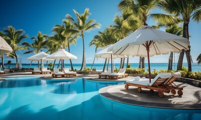 Fototapeta premium Beautiful swimming pool with umbrella and chair in luxury hotel resort