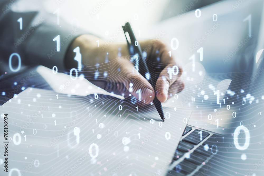 Aufkleber creative concept of binary code illustration and hand writing in notebook on background with laptop.