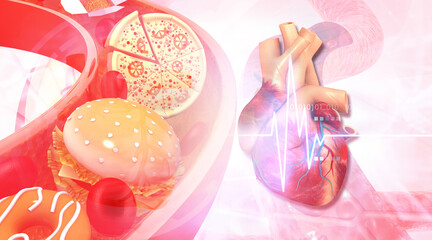 Junk food and heart attack. 3d illustration..