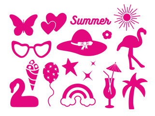 summer trendy set of pink stickers. Cute, holiday objects isolated on white background.  palm, cocktail, flower, star, logo: collection in a minimalist style. for print, social network. png 