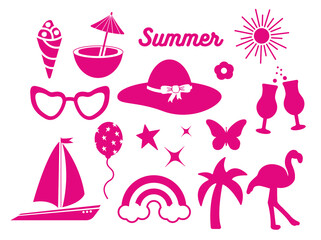 Popular pink collection for summer. cocktail, daisy, rainbow, butterfly, star. logo, sticker, isolated elements on a white background. for holiday, print, banner, postcard. art png illustration.