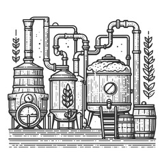 Beer brewing process factory equipment with beer brewing elements and grains. Sketch engraving generative ai raster illustration. Scratch board imitation. Black and white image.