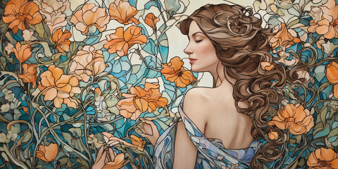 Art Nouveau styled woman with long hair and flowers and butterflies. Painting and Drawings.