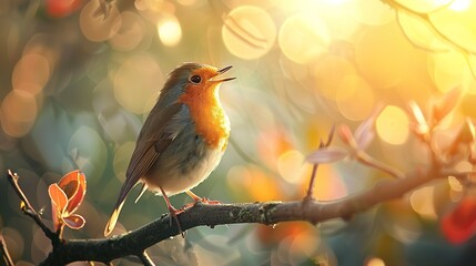 Singing robin on branch, close-up with bokeh forest background, straight-on shot, dawn chorus - obrazy, fototapety, plakaty