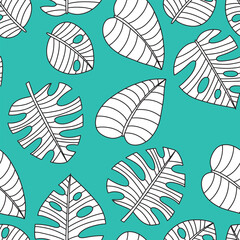 Tropical leaf line art wallpaper background vector. Design of natural monstera leaves and banana leaves in a minimalist linear outline style. Design for fabric, print, cover, banner, decoration.