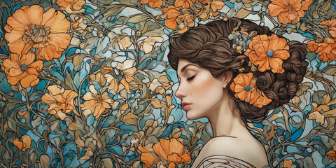 Art Nouveau styled woman with long hair and flowers and butterflies. Painting and Drawings.