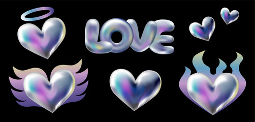 3d holographic retro 90 stickers set. Chrome Hearts in Y2K style with fire flame, angel wings, crown isolated on black. Future galaxy aesthetic, 3D chrome bubble art. Metal glossy sticker set.