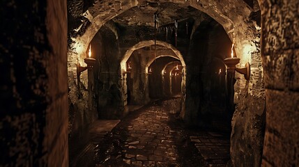 Obraz premium Endless Medieval Catacombs Aglow with Torches