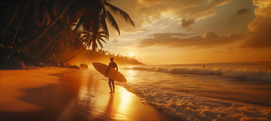 Active surfer man go out ocean waves after surfing with long board on beach sea coast litted with sunset light during golden hour. Exotic vacations, active free people activities and freedom concept