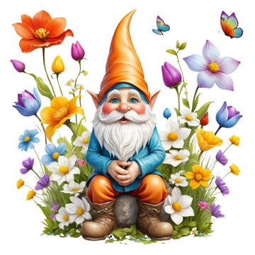 watercolor spring flower gnome on Isolated transparent background png. generated with AI