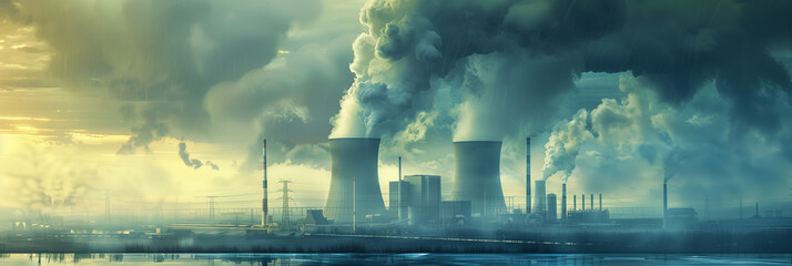 An impactful scene of smoke billowing from industrial plants against a moody sunset, highlighting environmental issues
