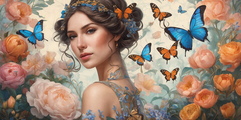 Abstract modern art collage portrait of a young woman with flowers and butterflies in Art Nouveau style