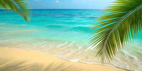 Tropical beach background with ocean, white sand. Travel and beach vacation, copy space for text.