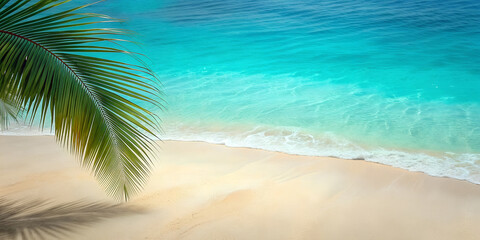 Tropical beach background with ocean, white sand. Travel and beach vacation, copy space for text.