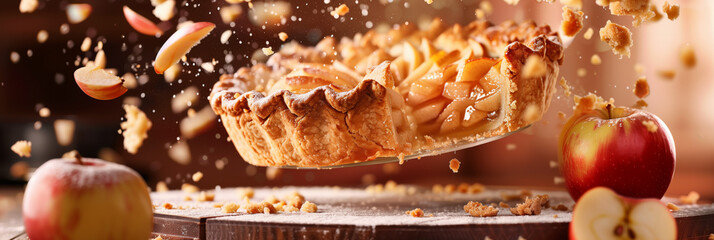 A whole apple pie mid-air with apples and crumbs falling around it, full of dynamic motion - obrazy, fototapety, plakaty