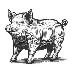 Fototapeta premium Fat pig in a vintage engraving style, with detailed shading and textures sketch engraving generative ai fictional character raster illustration. Scratch board imitation. Black and white image.