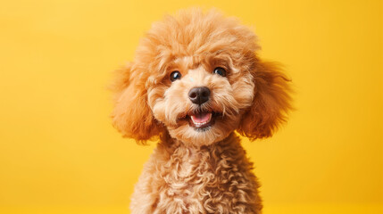 poodle cub with adorable facial expression on blank yellow background - obrazy, fototapety, plakaty