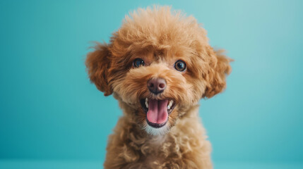 poodle puppy with adorable facial expression on blue background