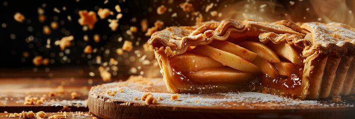 A mouthwatering image of a freshly baked apple pie on a rustic wooden board with flying crumbs, evoking homeliness and tradition - obrazy, fototapety, plakaty
