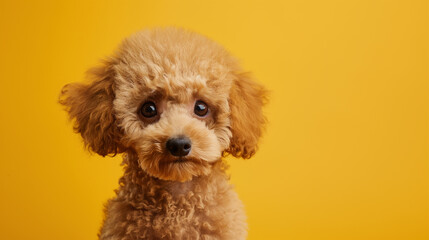 poodle cub with adorable facial expression on blank yellow background