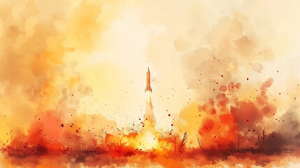 Watercolor splatters convey the chaos of the scene, with a missile piercing through the center.