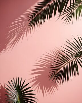 Blurred palm leaves cast a delicate pattern on a pink wall, create a minimal abstract background Ideal for product presentation, emanating the feel of spring and summer