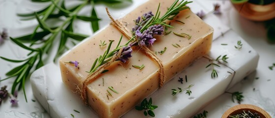Artisanal Lavender Soap with Natural Ingredients on Pristine Table. Concept Handmade Soap, Natural Ingredients, Lavender Skincare, Artisanal Beauty, Table Styling