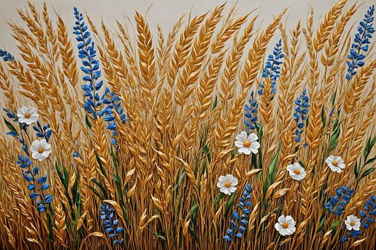 Vibrant paintings of plants, flowers, and golden grains in oils on canvas.