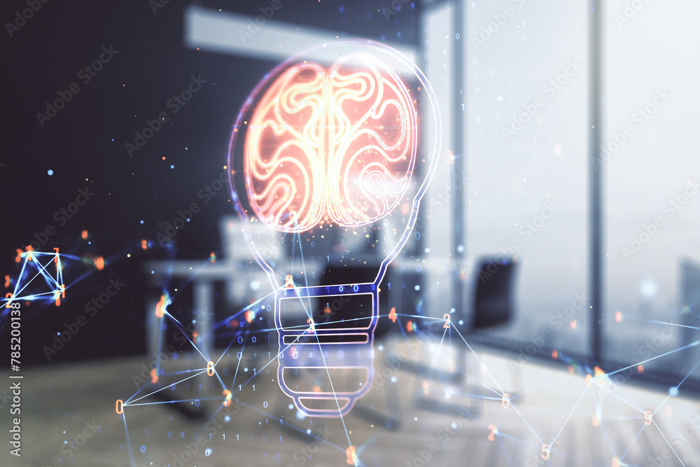 Poster double exposure of creative light bulb hologram with human brain and modern desktop with laptop on b