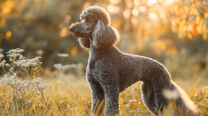 standard poodle standing under the hot sun