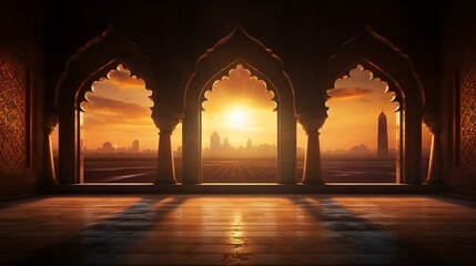 Golden hour glow: stunning mosque window at sunset during ramadan

