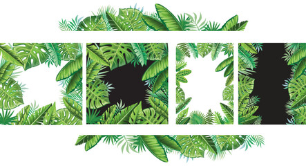 Set of green tropical leaves frames