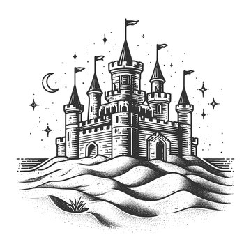 recommend clip art: sand castle sketch engraving generative ai fictional character raster illustration. Scratch board imitation. Black and white image.