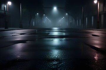 Wet asphalt, reflection of neon lights, a searchlight, smoke. Abstract light in a dark empty street...