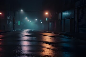 Wet asphalt, reflection of neon lights, a searchlight, smoke. Abstract light in a dark empty street with smoke, smog. Dark background scene of empty street, night view, night city. Generative AI