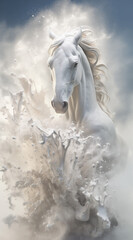 White horse with splashing wather.