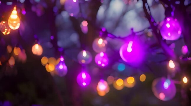 hanging colorful fairy lights in garden in summer