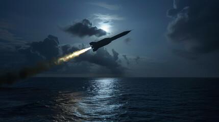 Fototapeta premium Cruise Missile Flight at Twilight Over Ocean Missile in Night Sky Over Illuminated Cityscape Nighttime Missile Launch with Urban Backdrop