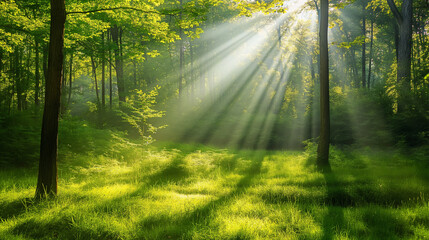 Fototapeta na wymiar Sunlight in green forest in spring