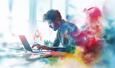 Professional male designer at work with his laptop or graphic tablet at his desk on white background artistic colorful watercolor painting for design courses or studying - obrazy, fototapety, plakaty