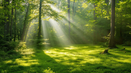 Sunlight in green forest in spring