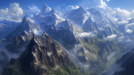 The towering mountains are decorated with towering peaks and are naturally beautiful - obrazy, fototapety, plakaty