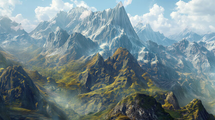 The towering mountains are decorated with towering peaks and are naturally beautiful - obrazy, fototapety, plakaty