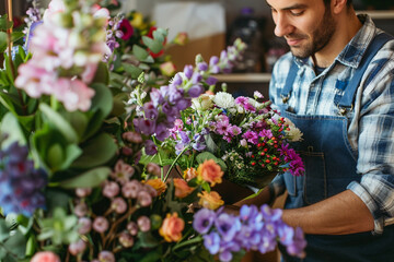 Male florist making beautiful bouquet in a modern flower shop. Close-up.