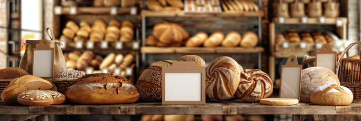 A variety of freshly baked bread and pastries displayed on wooden shelves in a rustic bakery setting - obrazy, fototapety, plakaty