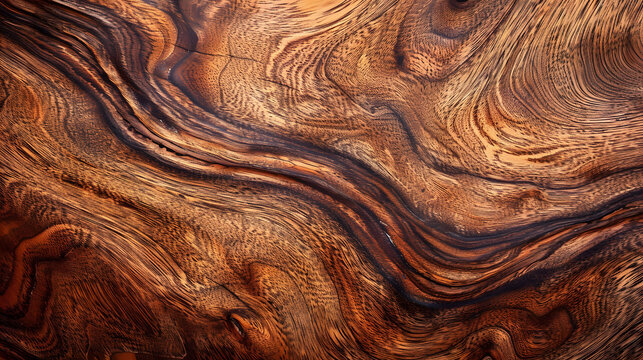 Rich mahogany wood texture with swirling grain patterns. Warm cinnamon brown stained background for luxury design concepts